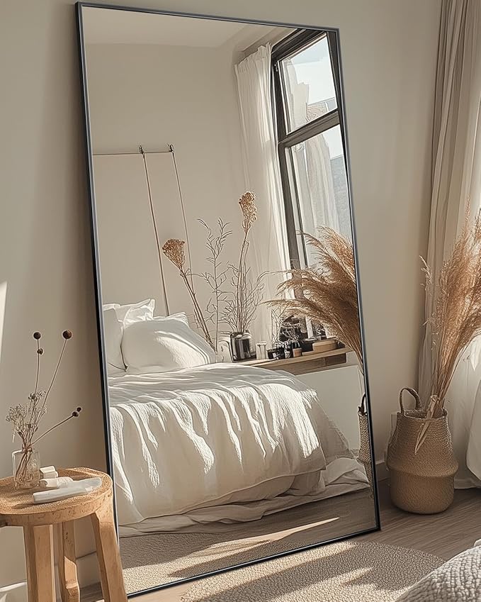 Antok Full Length Mirror, 44"x88" Floor Mirror with Stand, Hanging Mounted Mirrors for Bedroom, Living Room, Cloakroom, Dining Room, Black, Rect