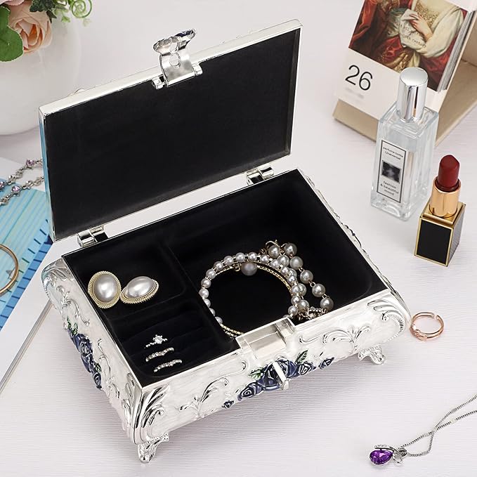 Hipiwe Metal Decorative Jewelry Box Vintage Treasure Chest Case Ornate Trinket Organizer Earrings Necklace Bracelet Storage Box Ring Holder Keepsake Box for Women