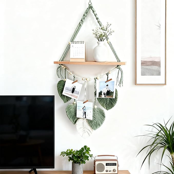 Wooden Floating Shelves for Room Wall, Hanging Storage Organizer, Boho Wall Decor, Plant Shelf for Bathroom, Bedroom, Office, Kitchen, Living Room, Dorm (Green, 1 PCS)