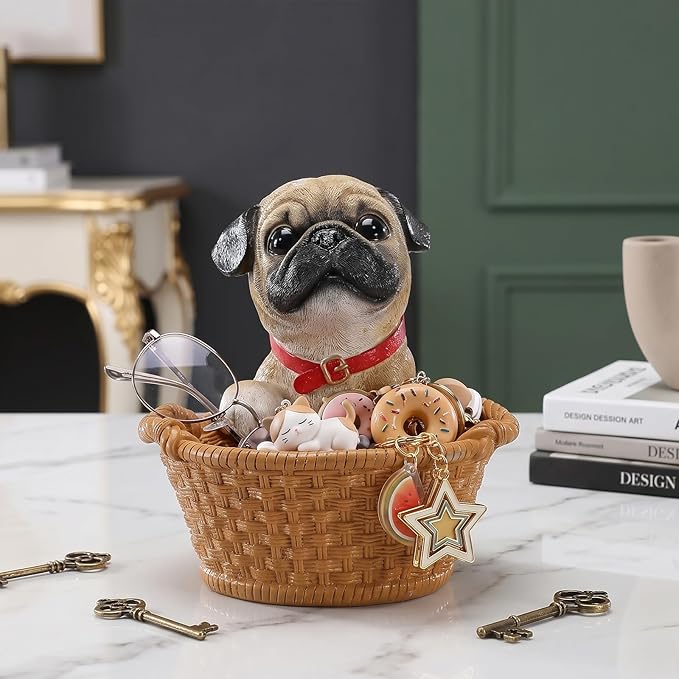 Dog Resin Storage Basket, Desktop Organizer for Remote & Keys, Cute Home Decor Tray, Ideal present for Pet Lovers.(Brown Pug)