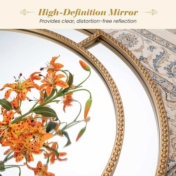 Tangkula 28" Gold Round Wall Mirror, Circle Decorative Modern with Beaded Frame for Living Room, Entryway, Fireplace, Bedroom, Vintage Mirror Wall Decoration