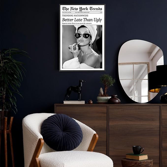 Trendy Newspaper Canvas Wall Art Black And White Better Late Than Ugly Poster Funky Feminist Painting Vintage New York Trends Aesthetic Wall Decor For Girl Dorm Room Bathroom 24x36in Framed