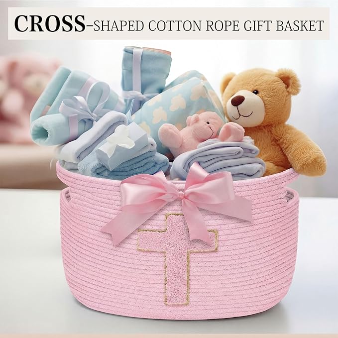 Sliner Baptisms Gifts Basket with Handles, Baptisms Cross Design Cotton Rope Basket Gifts Stuffers Storage for Christenings First Communions Religious Occasions, 15 x 10 x 9 Inch(Pink)