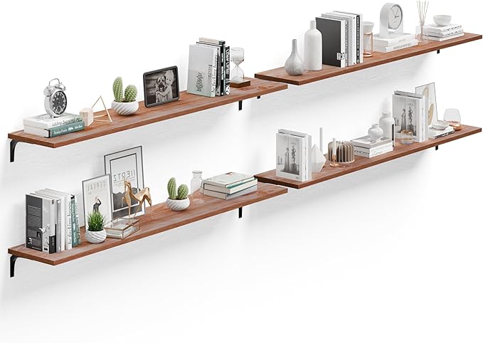 12 Inch Deep Floating Shelves Set of 4, 60 Inch Extra Long Brown Solid Wood Wall Shelves, 5ft Heavy Duty Farmhouse Wall Mounted Shelving for Kitchen, Living Room & Bedroom