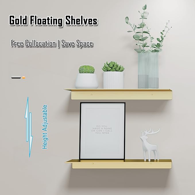 HNVNER Metal Wall Shelves Set of 2, Brushed Gold Floating Shelf, 30CM Wall Decorative Shelf for Photos, Collectibles, Vases, Trinkets, Crafts, Trophy, etc. Shower Caddy