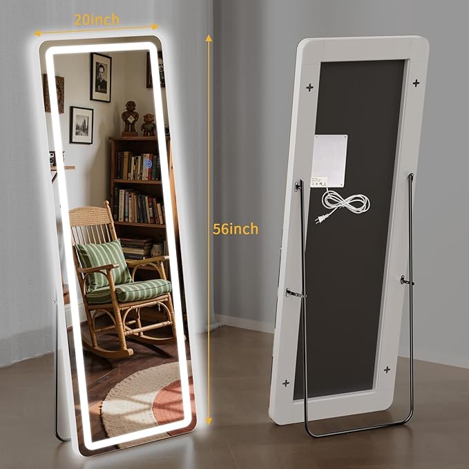 Standing Mirror Full Length with LED Lights, 56"x20" Lighted Mirror with Dimming & 3 Color Lighting, Tall Mirror Full Body for Bedroom, Dressing Room