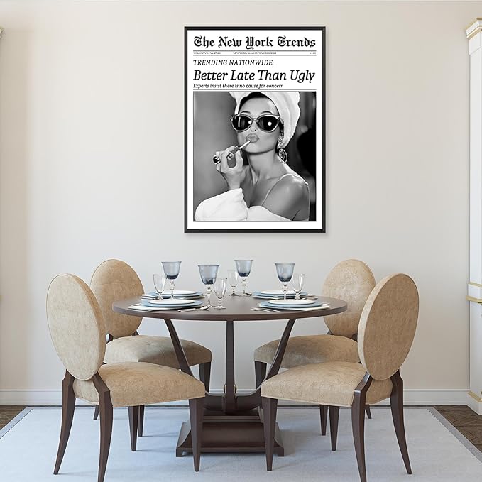 Trendy Newspaper Canvas Wall Art Black And White Better Late Than Ugly Poster Funky Feminist Painting Vintage New York Trends Aesthetic Wall Decor For Girl Dorm Room Bathroom 16x24in Unframed