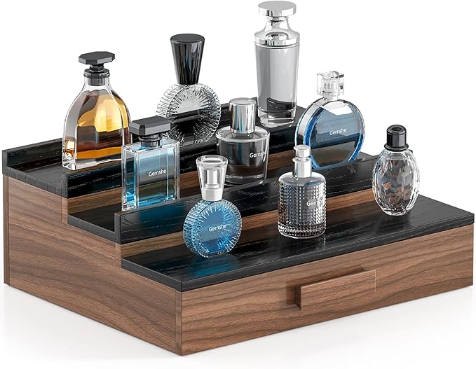 Solid Walnut Cologne Organizer for Men,Cologne Stand,3 Tier Wooden Cologne Holder Shelf Display,Perfume Stand Organizer with Drawer Storage and Hidden Compartment,Gift for Men Dad Husband