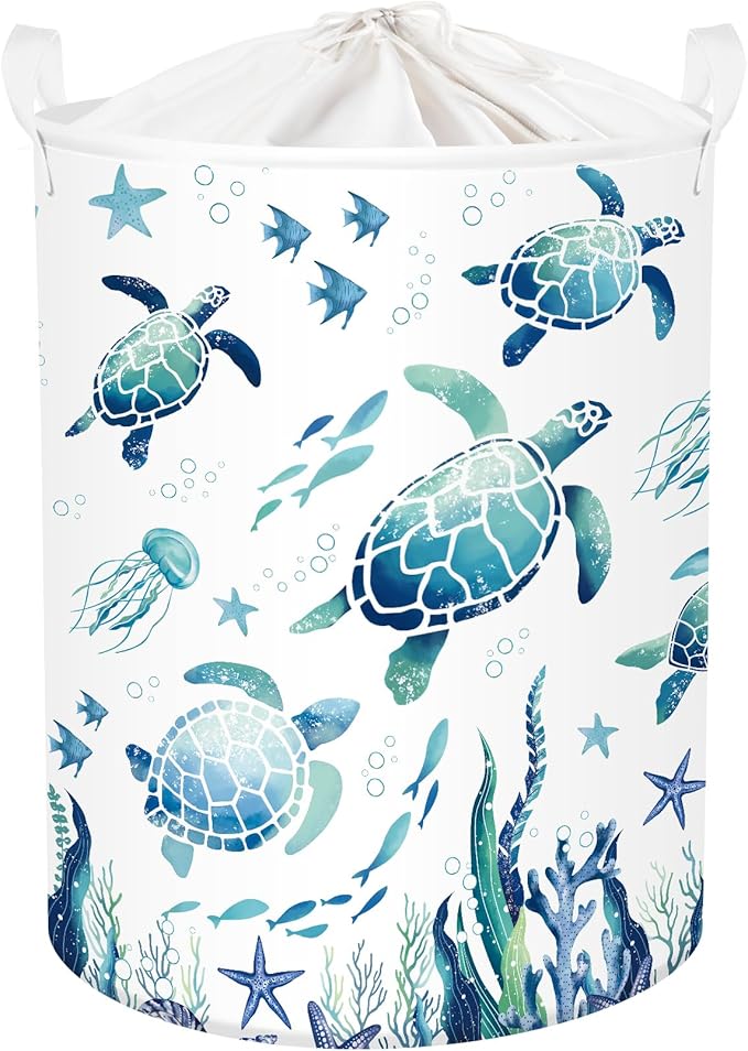 Sea Animals Laundry Hamper Ocean Fish Coral Large Storage Basket Parents Organizer Kids Clothes Toy Bins for Bedroom, Bathroom, Blue Turtles, 63L