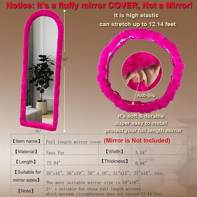 Fluffy Mirror Cover - 59"x16" Full Length Ultra Soft Non-Slip Cover Universal Stretch Cover Warm Home Decor for Bedroom Cloakroom (Pink01-without Mirror)