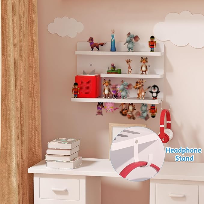 for Tonies Shelf Magnetic - Tonies Figure Organizer for Kids Room, Wooden Magnetic Display Shelf for Tonies Box Holder, Wall Floating Shelves Toy Storage Compatible Charging Station (3 Tier, White)