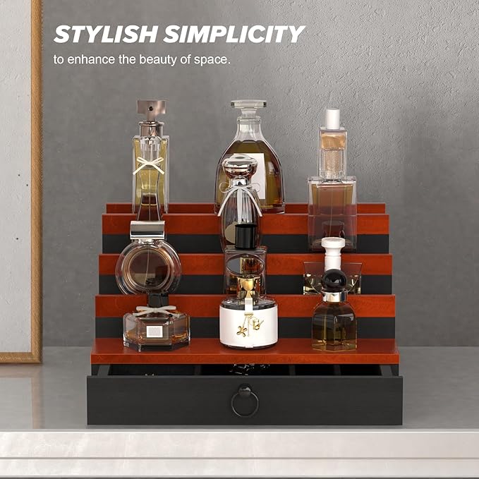 upcessory Cologne Organizer for Men, 4 Tier Perfume Stand, Cologne Shelf with Drawer and Hidden Compartment Perfume Display Holder, A Gift for Men