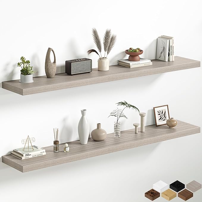 Fun Memories 66 Inch Floating Shelves, 12 Inch Deep Wall Shelf for Fireplace Mantel, Gray Deep Storage Shelves for Home & Office, Long Floating Shelf with Invisible Bracket, Set of 2