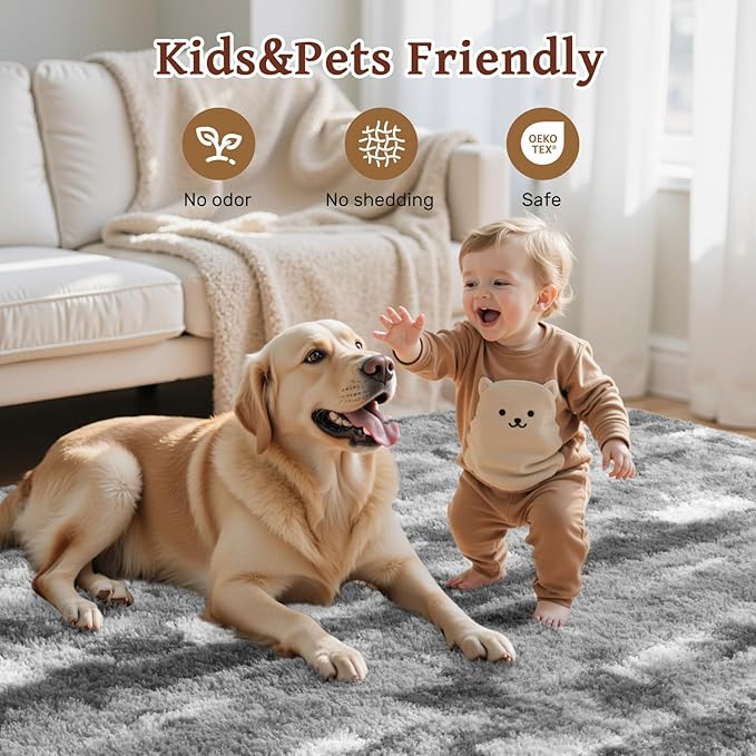 Area Rugs for Living Room 8x10 Feet, Soft Fluffy Shagg Plush Bedroom Rug Non-Slip,Large Carpet for Nursery Kids Dorm Home Decor Grey White