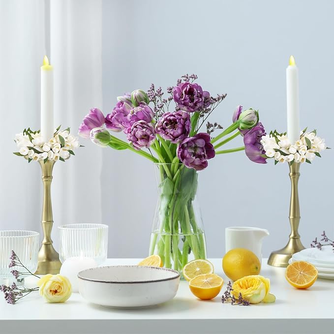 Daifunli 2 Pcs Spring White Tulip Candle Ring Vibrant Floral Candle Wreath Ring for Pillar 3.9 Inch Candles Holder for Wedding Holiday Dining Table Centerpiece Decor