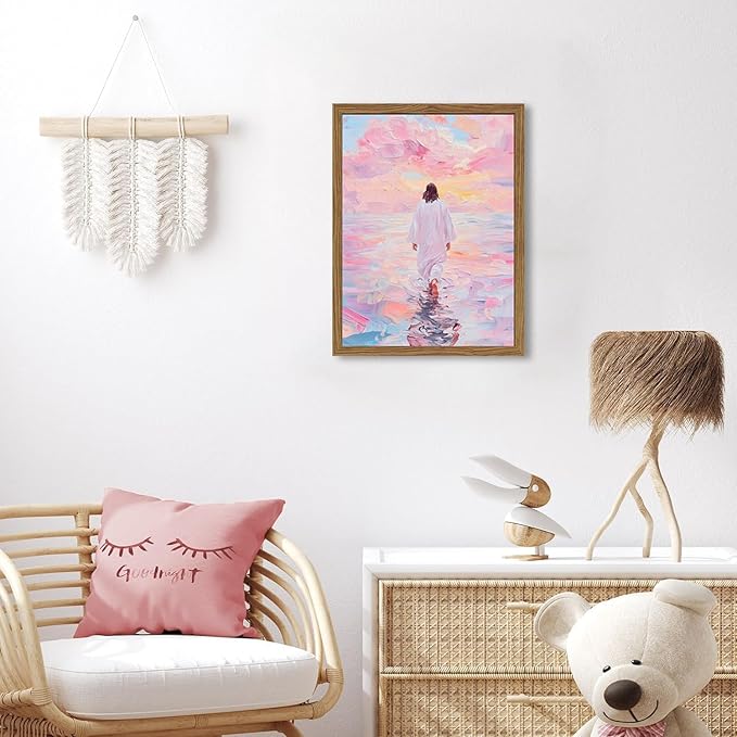 Pink Jesus Walking On Water Wall Art, Frame 3D Textured Hand Drawn Sandstone Christian Wall Decor Paintings Religious Savior Pictures for Living Prayer Room Bedroom, 16x24 in Wood Framed