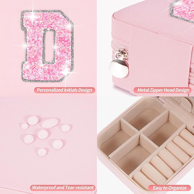 Uygafly Personalized Jewelry Case for Women Girls - Fashion Mini Jewelry Boxes - Trendy Travel Jewelry Organizer with Initials Letter - Teen Gifts | Pink,D