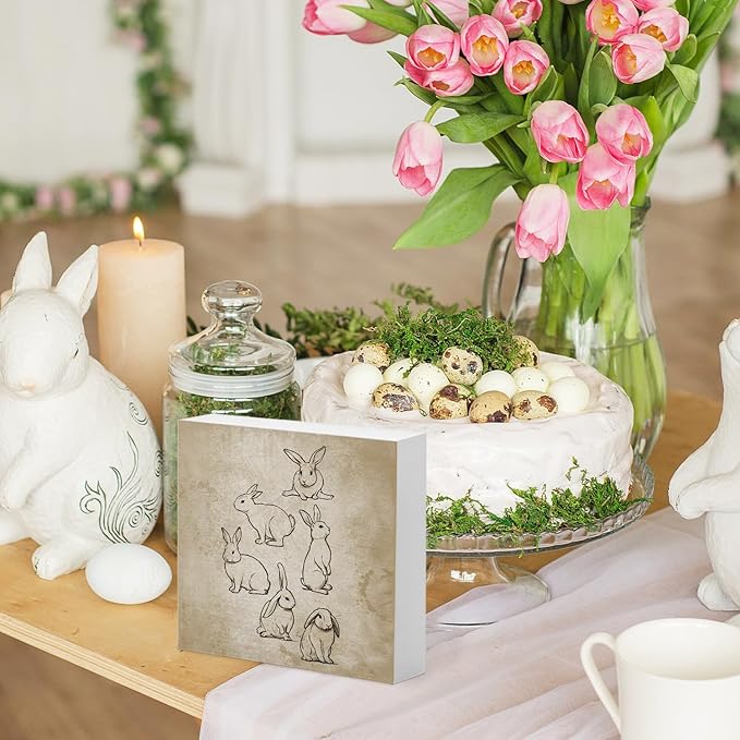 Vintage Easter Decor, Rabbit Wooden Box Sign, Rustic Easter Tiered Tray Decorations, Farmhouse Bunny Rabbit Decorative Table Centerpiece Sign for Party Home Kitchen Dining Decor 5x5