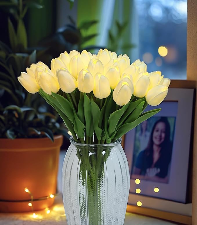 HOMESEASONS Pre-Lit 20pcs LED Lighted Fake Flowers Artificial Tulips Real Touch Tulip Bouquet 15" Faux Tulips for Easter Decor Spring Decor Mother's Day Home Kitchen Wedding Decorations(Cream)
