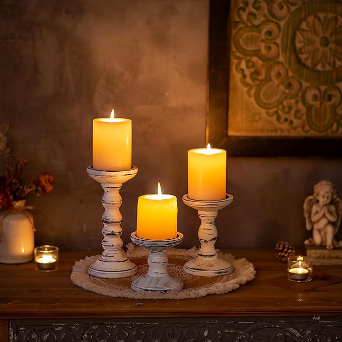Candeldo Wood Candle Holders for Pillar: Rustic Candles Holder Set of 3 Table Centerpiece Decor Wooden White Farmhouse Decorations for Fireplace Mantle