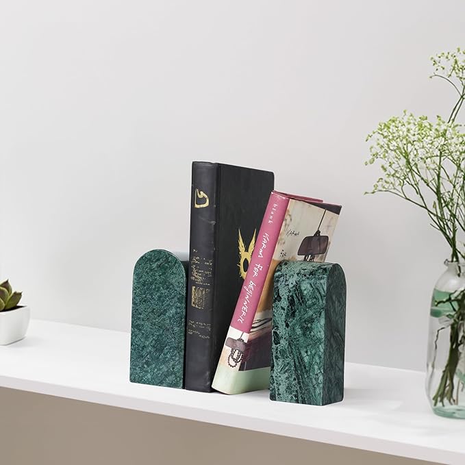 Koville Indian Natural Marble Bookends for Shelves, Decorative Book Ends, 7lbs Heavy-Duty Marble Book Holders, Bookshelf Apartment Decor for Normal Books/CD/Video Games(Indian Green)