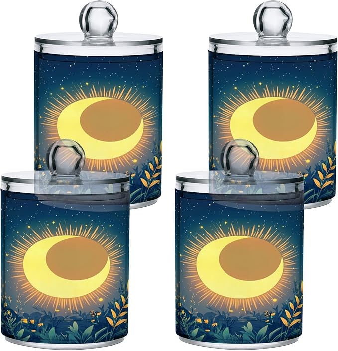 Nander 4Pack Sun and Moon Qtip Holder Dispenser -Clear Plastic Apothecary Jars Set - Restroom Bathroom Makeup Organizers Containers for Cotton Swab, Ball, Pads, Floss