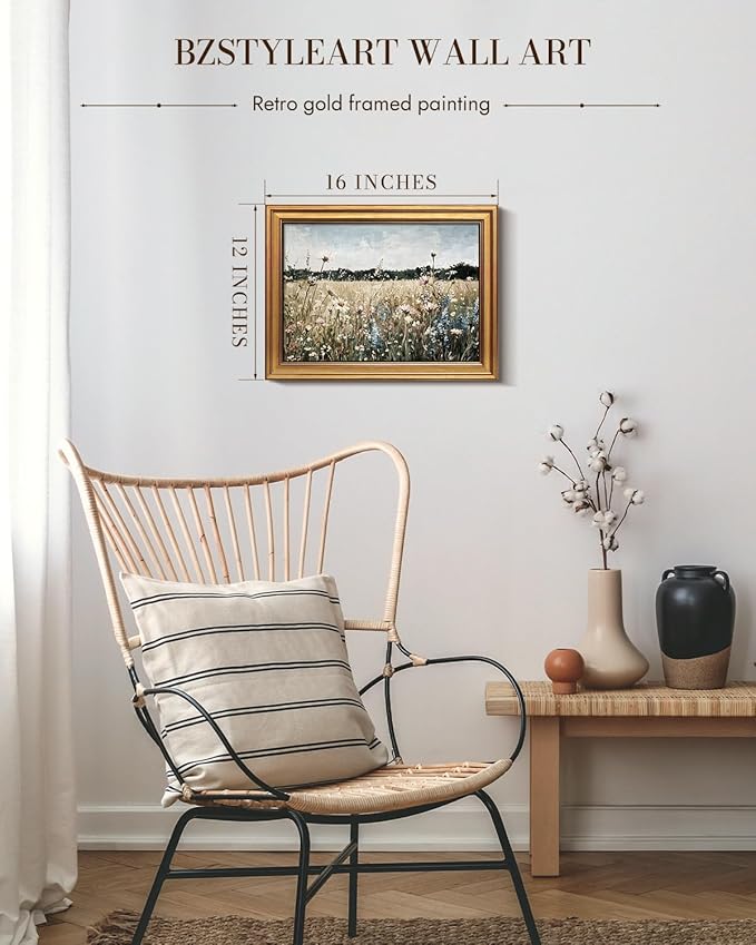 Bzstyleart Vintage Wall Art Decor for Living Room, Framed Landscape Wall Art Bedroom, Meadow with Flowers, Vintage Room Decor, Paintings for Bedroom, 12 x 16 Inch