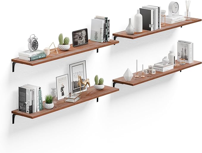 12 Inch Deep Floating Shelves Set of 4, 48 Inch Extra Wide Brown Solid Wood Wall Shelves, 4ft Heavy Duty Farmhouse Wall Mounted Shelving for Kitchen, Living Room & Bedroom