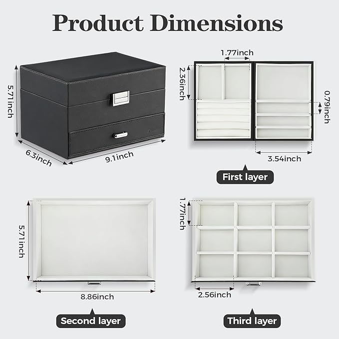 Dajasan Jewelry Organizer Box, Large Jewelry Boxes for Women Girls, Space-Saving 3 Layers Jewelry Storage Case with Drawer, Movable Metal Stand, Modern, Gift Idea (Black)