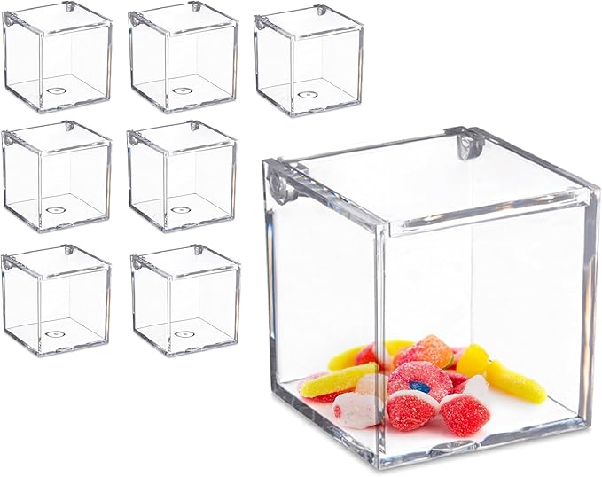 Hammont Clear Acrylic Box with Hinged Lid – Small Plastic Organizer for Office, Desk, Makeup, Crafts, Cotton Balls, Jewelry & More |2"x2"x2" (8 Pack)
