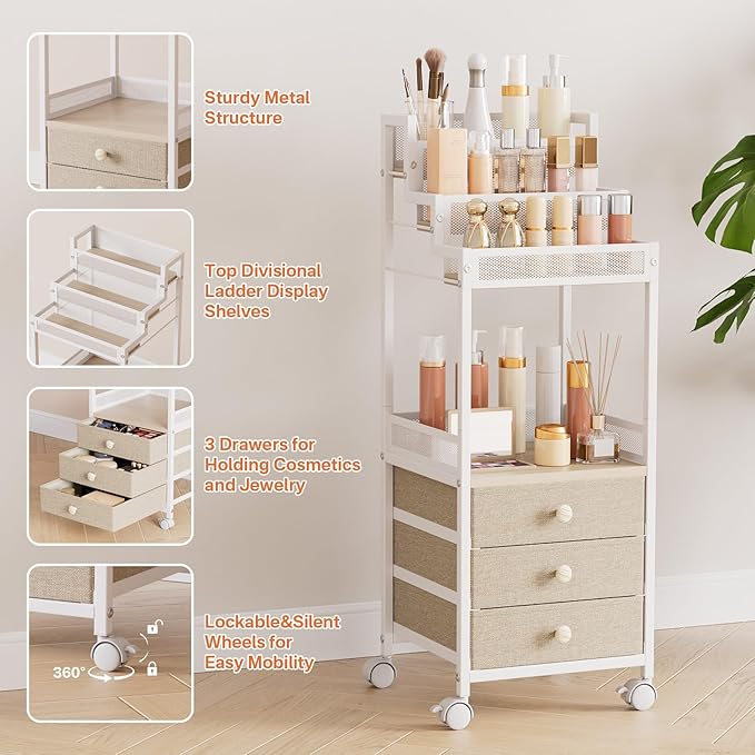 Makeup Organizer Storage Cart with Drawers, 13 Inch Large Rolling Skincare Organizer Cart, 3-Tier Vanity Organizer Stand for Cosmetics, Nail Polish, Perfume, Bathroom and Bedroom, White