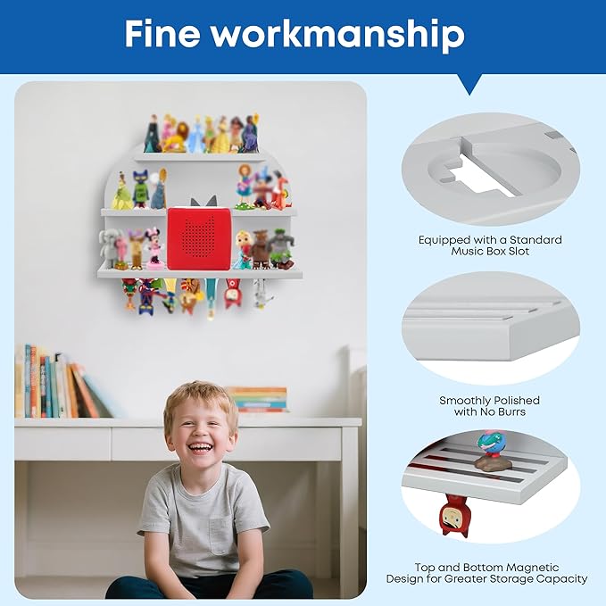 For Tonies Figures Shelf Magnetic,for Tonie box Wall Shelves,for Tonies Characters Organizer,Audio Toy Storage (Holds 45 Figurine),Compatible Charging Station for Kid's Room,Pine,Arch,Large,Gray White