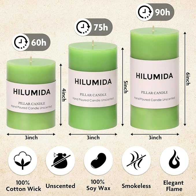 Green Pillar Candles Set of 3 - Spring Green Candles Decorations, Hand-Poured Unscented Candle, Smokeless Decorative Candle for Home, Set of 3 in Different Sizes (4", 5", 6")
