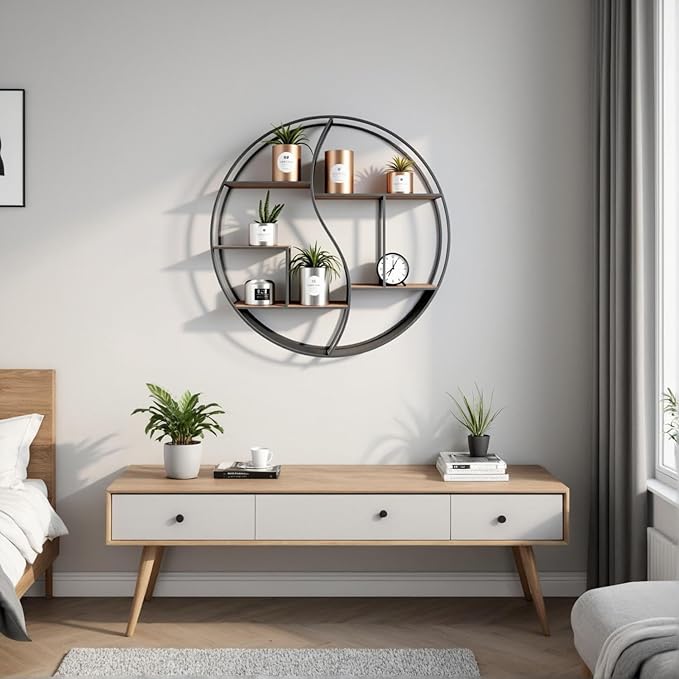 Round Wall Shelf,24 inch Metal Circle Shelf Wood Floating Shelves,Rustic Black Wall Mounted Display Organizer Shelf for Fireplace,Living Room,Bathroom