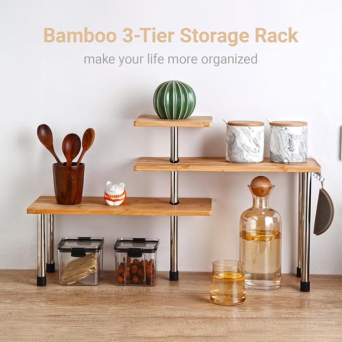 HYNAWIN Bamboo Countertop Shelf Storage Spice Rack, 3 Tier Desktop Shelves Space Saving Organizer, Adjustable Rack