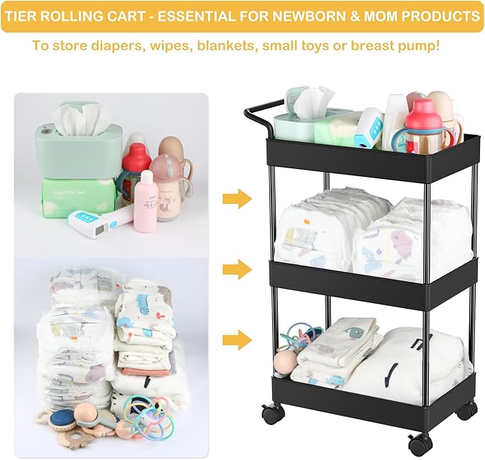 Volnamal Diaper Caddy - Plastic Diaper Organizer for Nursery Essentials, Baby Organizers and Storage, Movable Cart for Changing Table & Crib, Baby Registry Search, Black