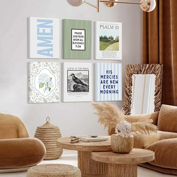 Blue Green Christian Wall Art Decor Bible Verse Canvas Poster Preppy Scripture Pictures Trendy Religious Prints Aesthetic Floral Artwork Painting for Bedroom Living Room 12x16 Inch Ready to Hang 6Pcs