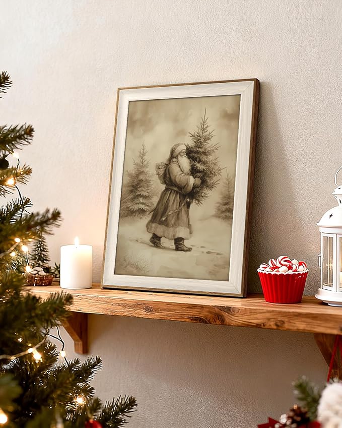 VIYYIEA Framed Wall Art for Living Room, Santa Claus Delivering a Christmas Tree Canvas Painting, a perfect holiday home decoration and gift for friends and family - 12 x 16 inches