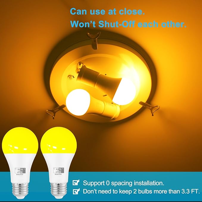 Qualilux Dusk to Dawn Light Bulbs, Auto On/Off Light Sensing LED Bulbs Outdoor, Amber Yellow Bug Light, A19 2-Pack, 12W 800LM 60W Equivalent, HQ-H019