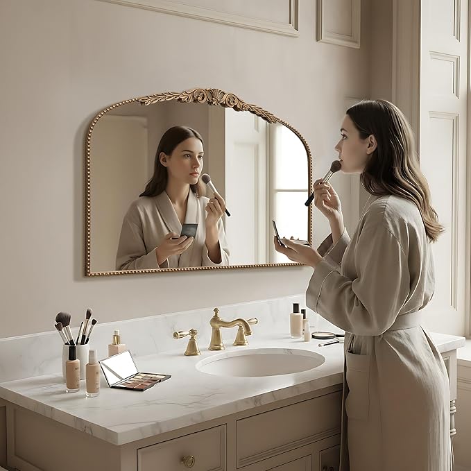 Besdomus Gold Vintage Vanity Mirror: 24"x 32" French Baroque Arched Mirror - Traditional Ornate Antique Mirrors for Wall/Dresser/Mantel/Bedroom/Entryway/Bathroom/Hallway - Home Decor for Living Room