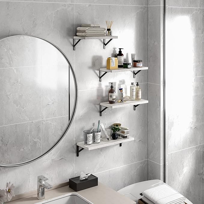 YGEOMER Floating Shelves for Wall, Different Sizes White Wall Shelves for Living Room, Bathroom, Bedroom, Kitchen, Home Decor (Set of 4)