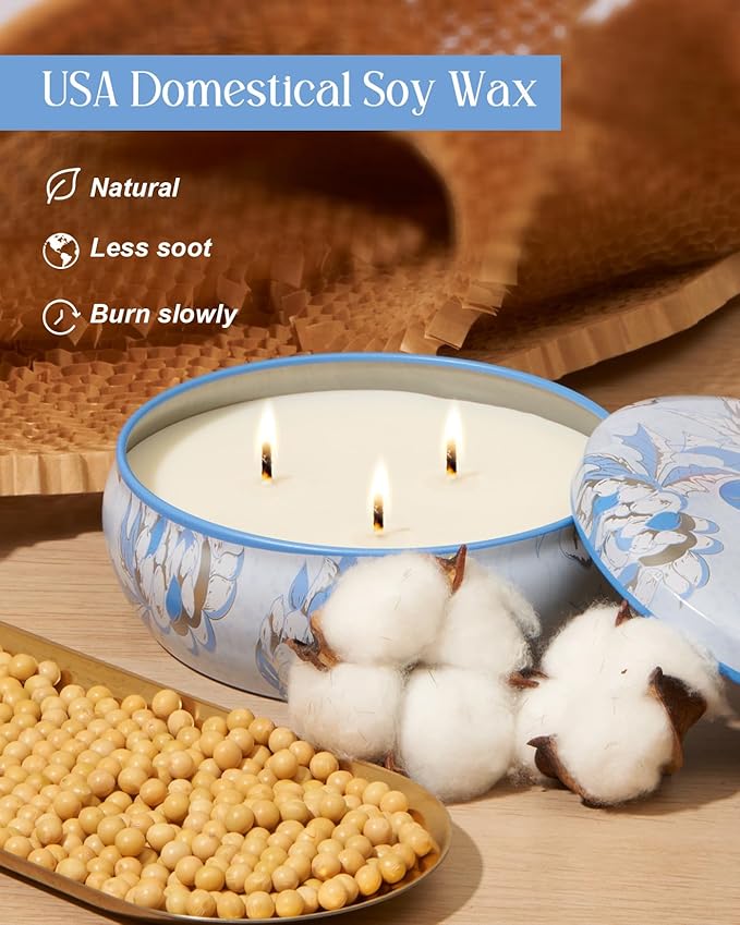 M&SENSE Clean Cotton Scented Candles 12oz, Large 3 Wick Soy Tin Candle, Over 40 Hour Burning Time, 100% Natural Vegan Wax, Relaxing Aromatherapy Aesthetic Candle Gift for Women and Men