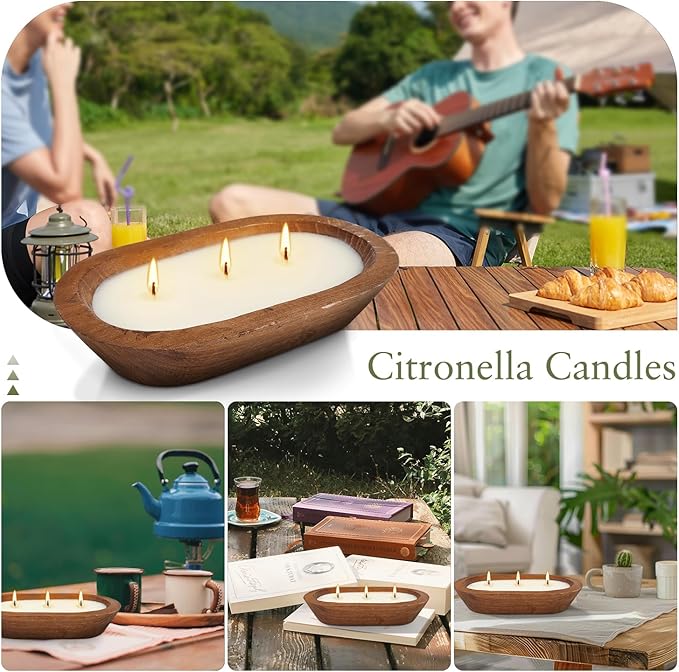 Citronella Scented 3-Wick Candle (8oz) Oval Wood Bowl Candle, Clean Burning & Smokeless, Decorative Soy Blend Candle for Home, Patio, Garden, Summer Gift.