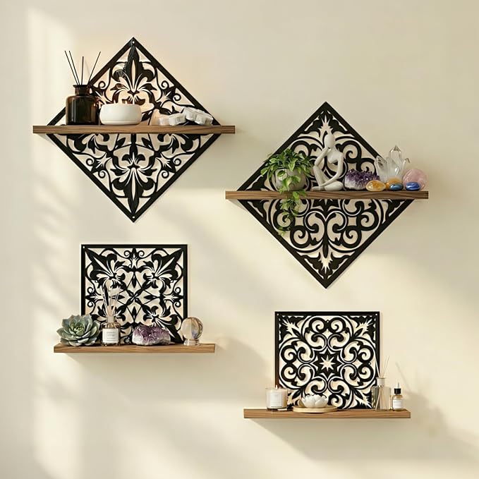 2PCS Metal Carved Window Wall Decor with Wooden Shelf, Black Floating Shelves for Bathroom Wall, Kitchen Wall Decorative Shelves, Creative Shelf for Bathroom Accessories Organizers and Storage