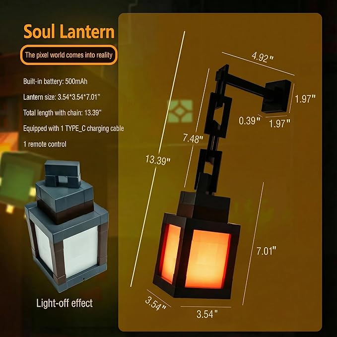 Pixelated Lantern Night Light – 16-Color LED Lamp with Remote Control, Rechargeable Wall or Table Light for Gaming Rooms or Kids’ Bedrooms, Fun Gift for Gamers, Decor for Boys Bedroom 12-15