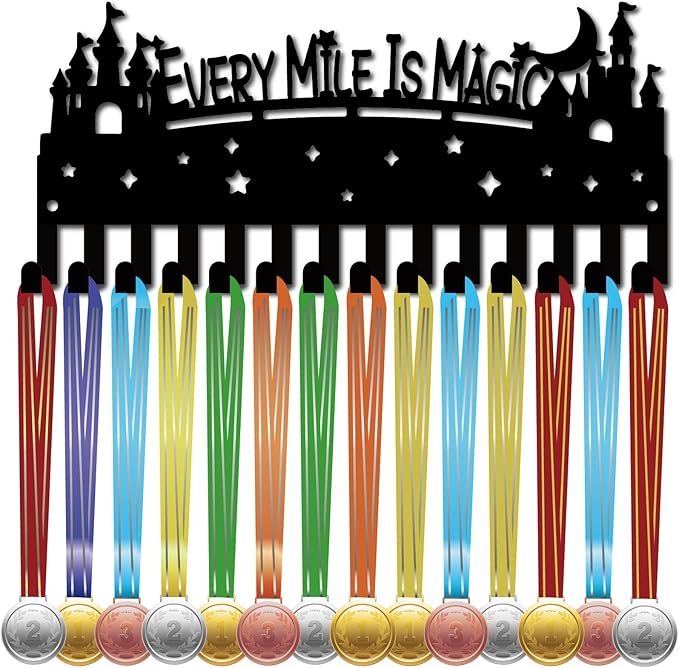 CREATCABIN Castle Medal Hangers Medal Holders Display Metal Small Medal Rack Organizer Plaques Hanger Black Wall Mounted with 14 Hooks for Awards Ribbons Sports Race 11.4x5Inch-Every Mily is Magic