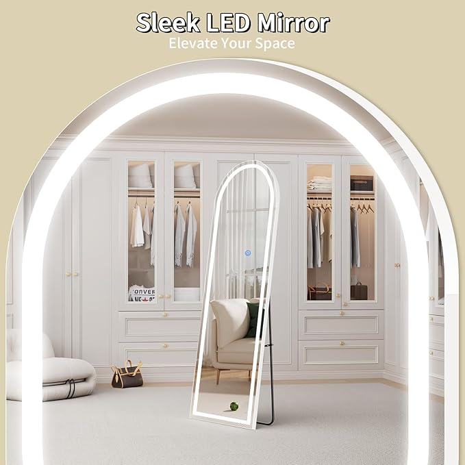 Koonmi LED Full Length Mirror, 71"x32" Full Length Mirror with Lights, Lighted Floor Mirrors with Stand, Full Body Mirrors with Dimming & 3 Color Lightingfor Living Room Cloakroom, White