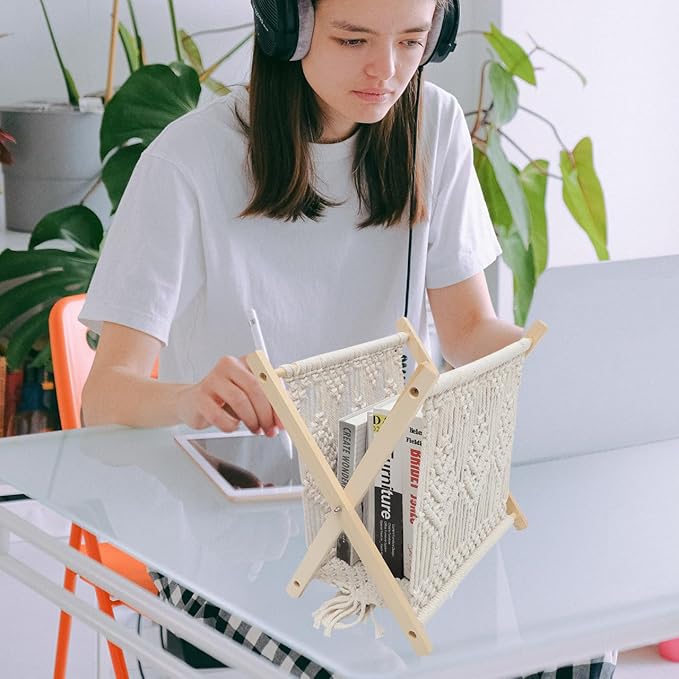 BESTOYARD Boho Cotton Rope Woven Storage Rack 14.56X10.23X15.15 Inch Rustic Magazine Holder and Organizer Basket for Books Newspapers Towels Home Office Decor