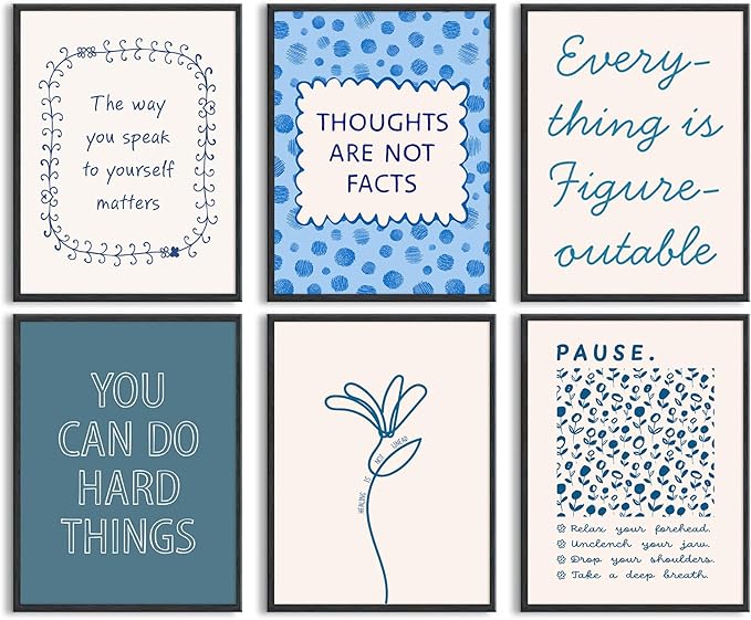 Mental Health Wall Decor Therapy Office Canvas Wall Art Posters Blue Boho Motivational Picture Psychology Artwork Inspirational Positive Quotes Prints for Counseling Office 12x16 Inch Unframed 6Pcs