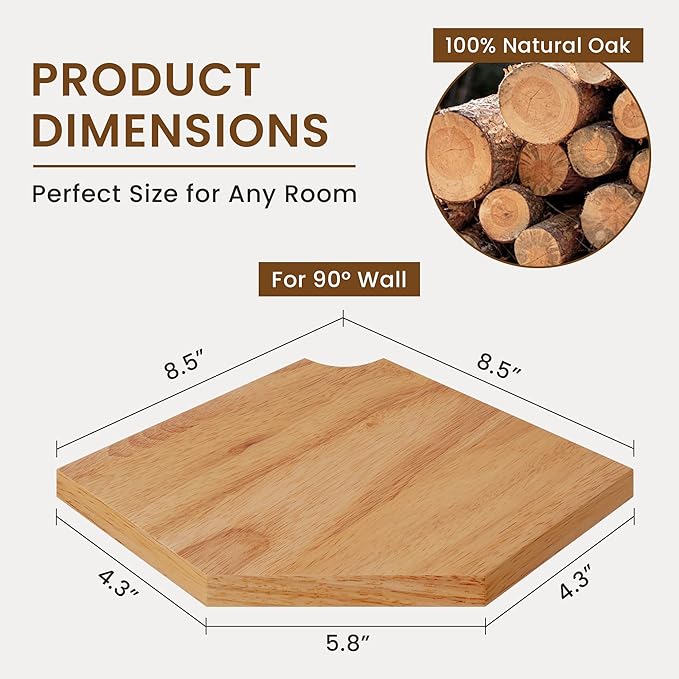 Fun Memories Corner Shelf Wall Mount, Solid Oak Wood Floating Corner Shelves with Cable Hole, 8.5in Rustic Design for Bedroom, Bathroom, Kitchen, Living Room (Natural, 1 Pack)